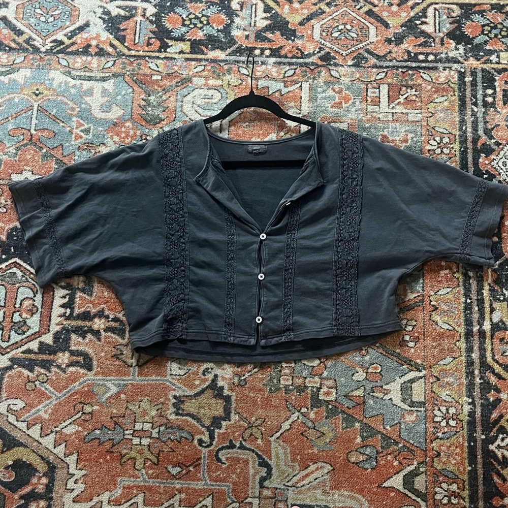 Aerie Dark Grey Button Down Crop Top with Lace Detail